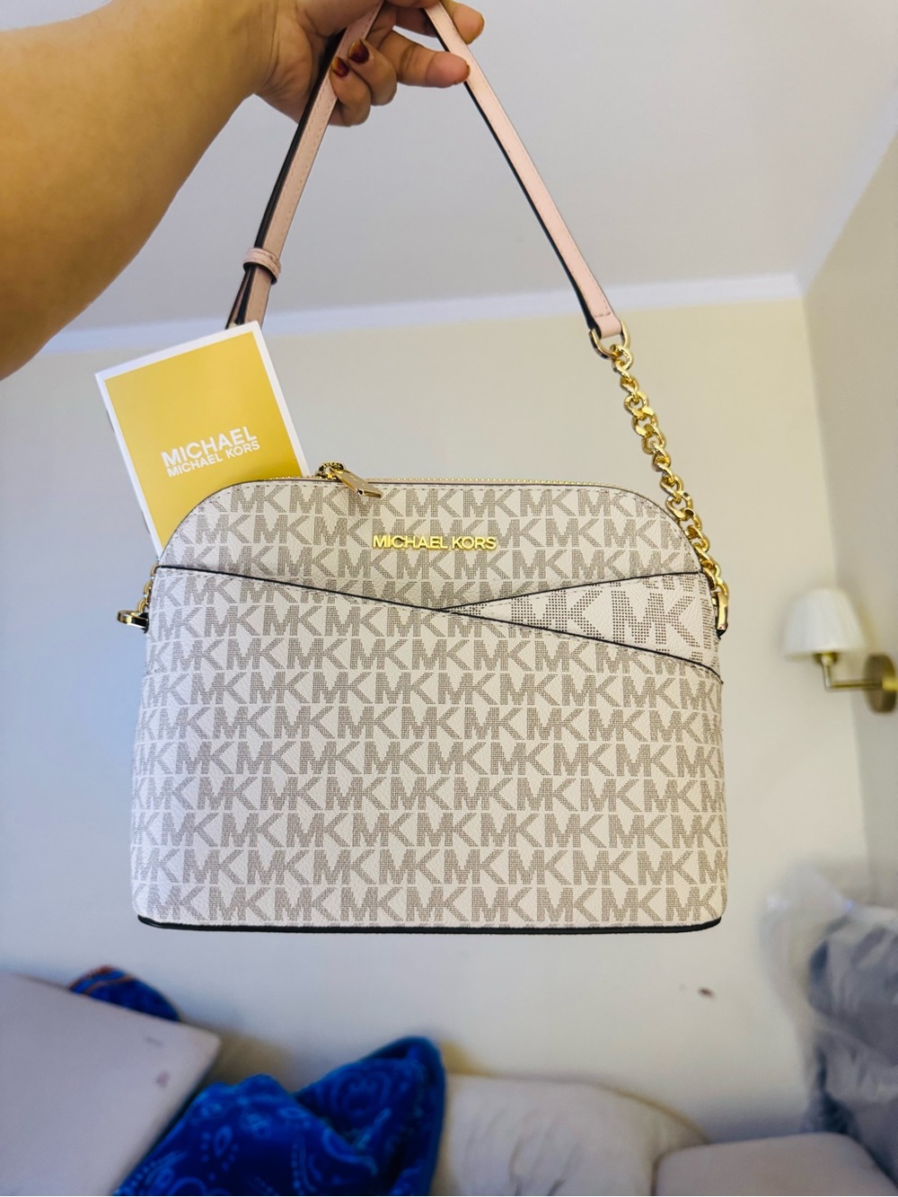 Michael Kors Vanilla Logo Dome Shoulder Bag with Pink Strap and Gold Hardware